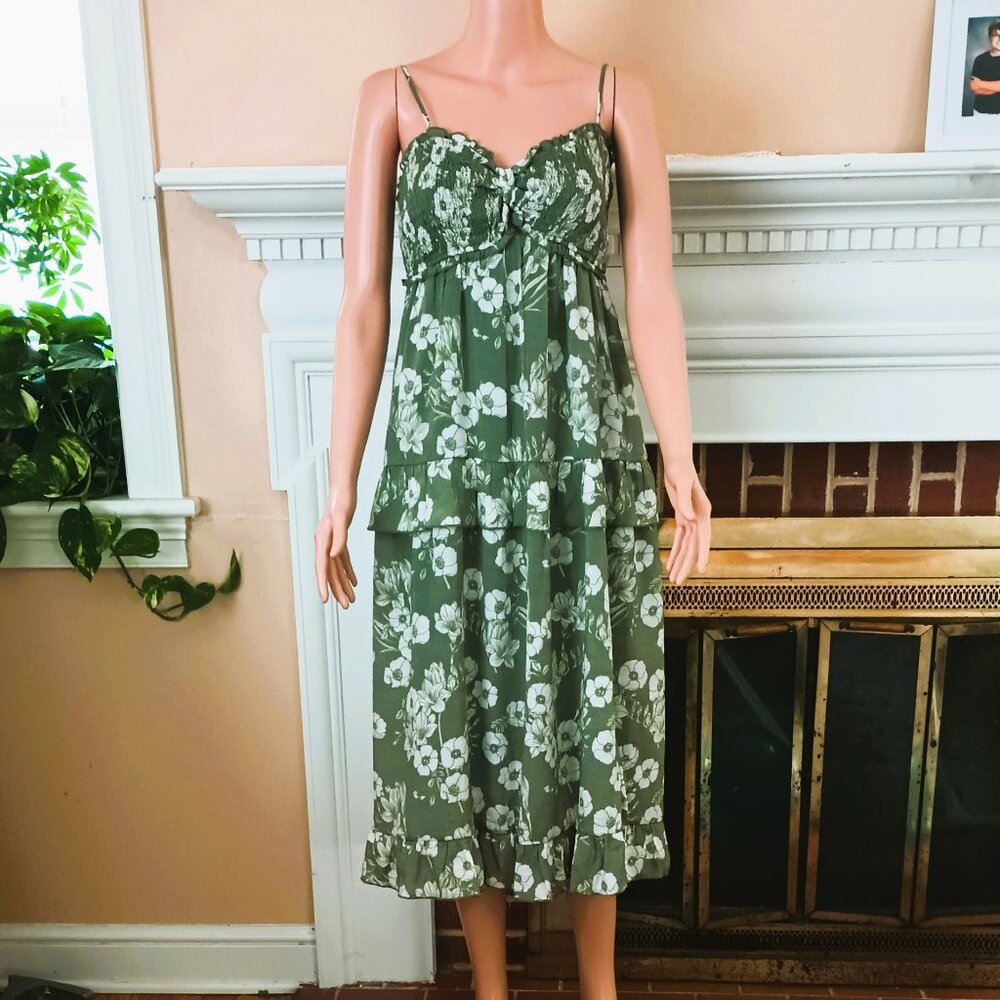 Trixxi Olive Floral Midi Dress XL Green Silky Layered Front Slit Shirred Bodice